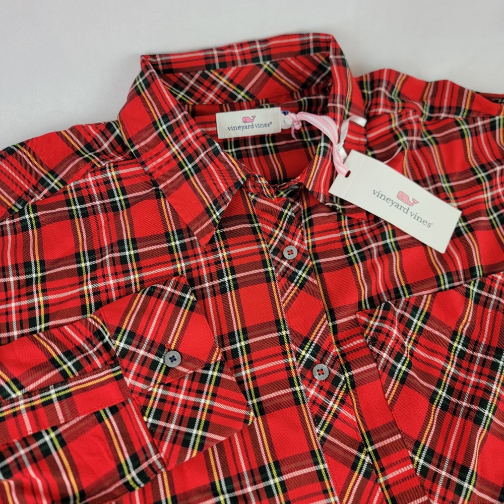 Vineyard Vines Women Red Stewart Tartan Plaid Rayon Button Down Shirt Size 4